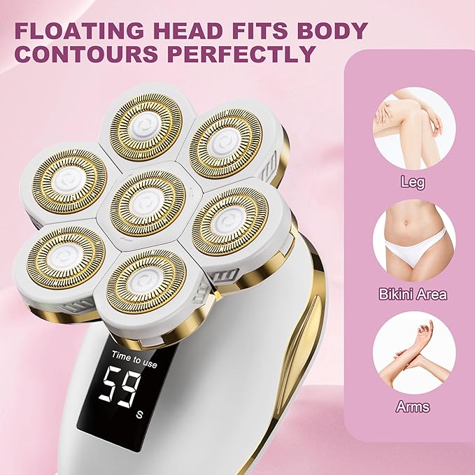 Electric Razors for Women, Wet/Dry 7D Rechargeable Rotary Shaver for Legs, Water Resistant Grooming Kit - Electric Razors for Women, Facial Hair Removal, Bikini Trimmer, Lips - Gentle Hair Remo-Gold-Velvo Beauty