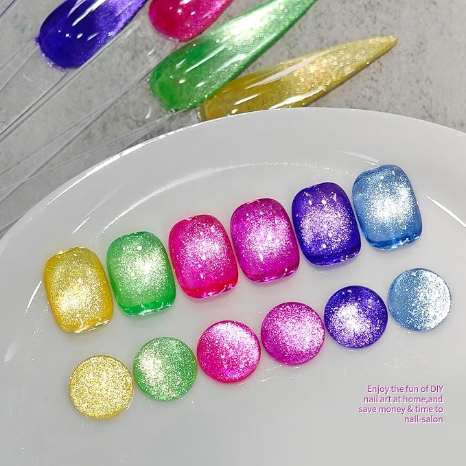 Born Pretty Cat Magnetic Eye Gel Nail Polish Spring Summer Neon Shimmer Glitter Holographic Cat Magnetic Eye Gel Crystal Glass Cat Magnetic Gel Polish Nail Art Manicure DIY at Home 6PCS-Velvo Beauty