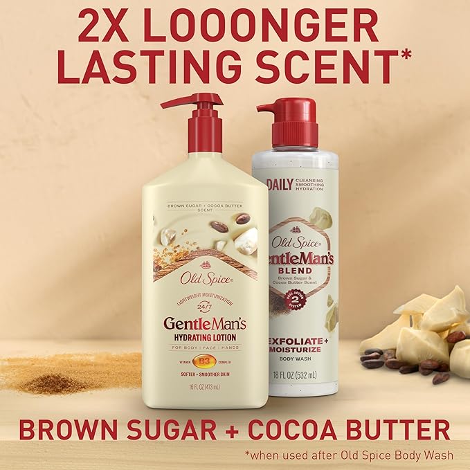 Old Spice Hand, Face & Body Lotion for Men, 24/7 Lightweight Moisturization with Vitamin B3, Instant Absorption, For All Skin Types, Brown Sugar + Cocoa Butter Scent, 16 oz-Velvo Beauty
