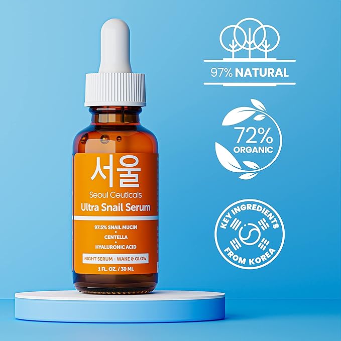 SeoulCeuticals Korean Skin Care 97.5% Snail Mucin Serum – K Beauty Skincare Night Serum Hyaluronic Acid for Face - Centella Anti Wrinkle Serum 1oz-Velvo Beauty