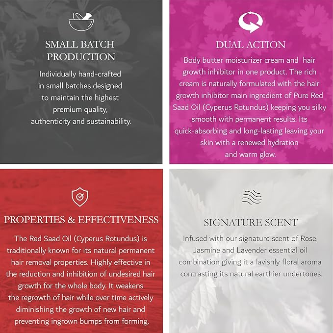 Silky Cream by Hadirose | Pure Red Saad Oil (Egyptian Cyperus Rotundus) | Organic Hair Removal Maintenance Cream | Prevent Ingrown Hair | Scented (Rose, Jasmine & Lavender) | Made in the USA.-Velvo Beauty