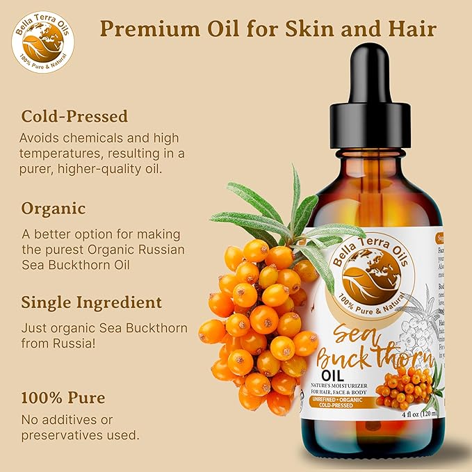 Bella Terra Oils - Organic Sea Buckthorn Oil 8oz - Cold-Pressed Treasure, Bursting with Omega-3 & Omega-6, A Radiant Glow in Every Bottle-Velvo Beauty