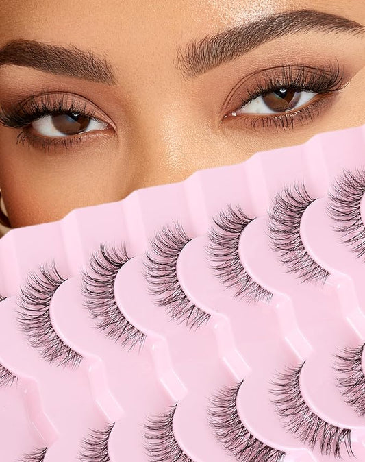 Natural Cat Eye Lashes Natural Eyelashes Wispy Mink Lashes Short Fake Lashes Clear Band Eye Lashes Pack 7 Pairs Small Demi Wispies Eyelashes-Velvo Beauty