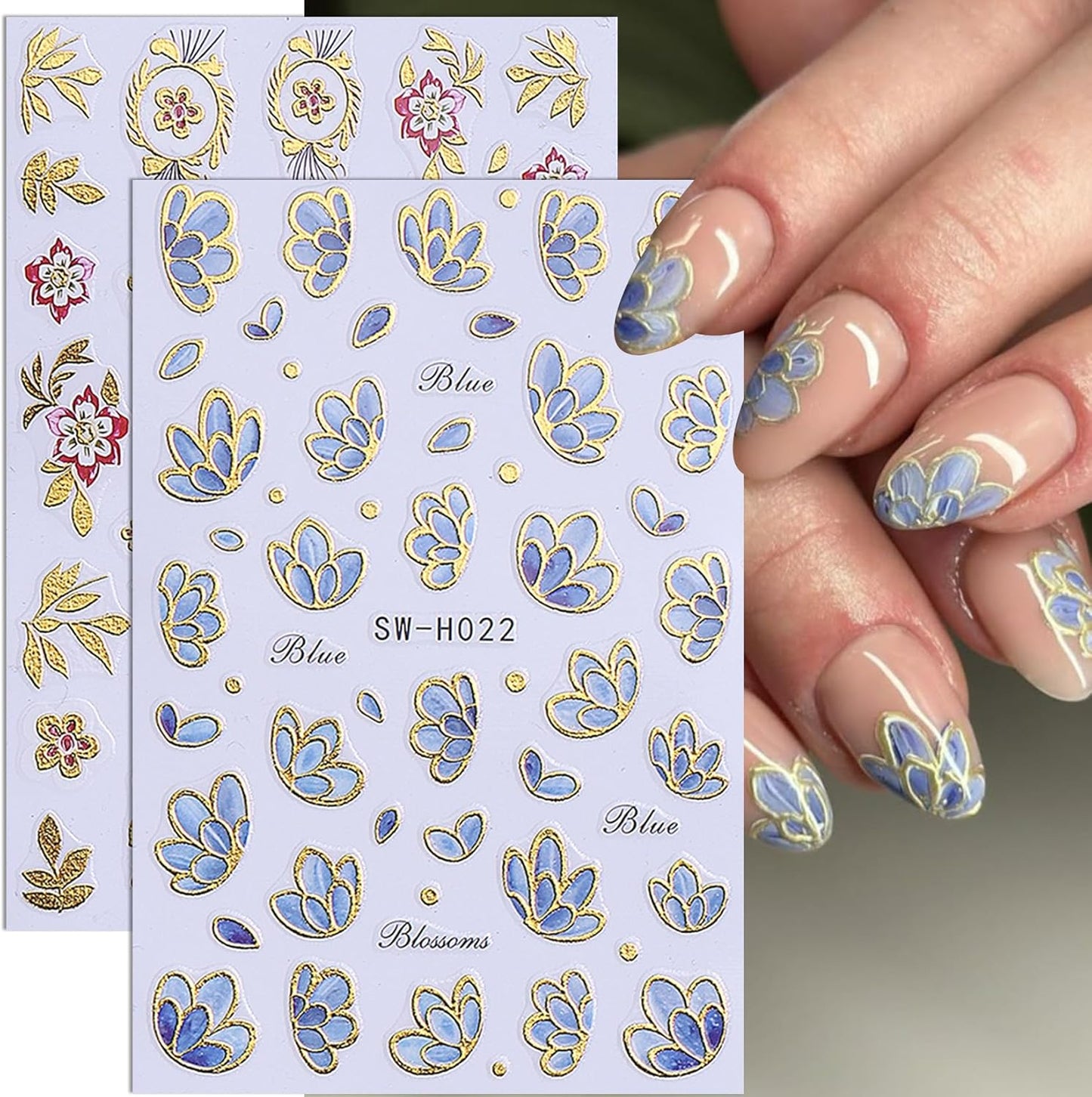 3D Flower Nail Art Stickers Decals Luxury Flower Petal Stickers with Tweezers 12 PCS Self Adhesive Pink Purple Blue Floral Gold Edge Decals Cherry Blossom Lily Summer DIY Manicure Nail Art Decoration-Velvo Beauty