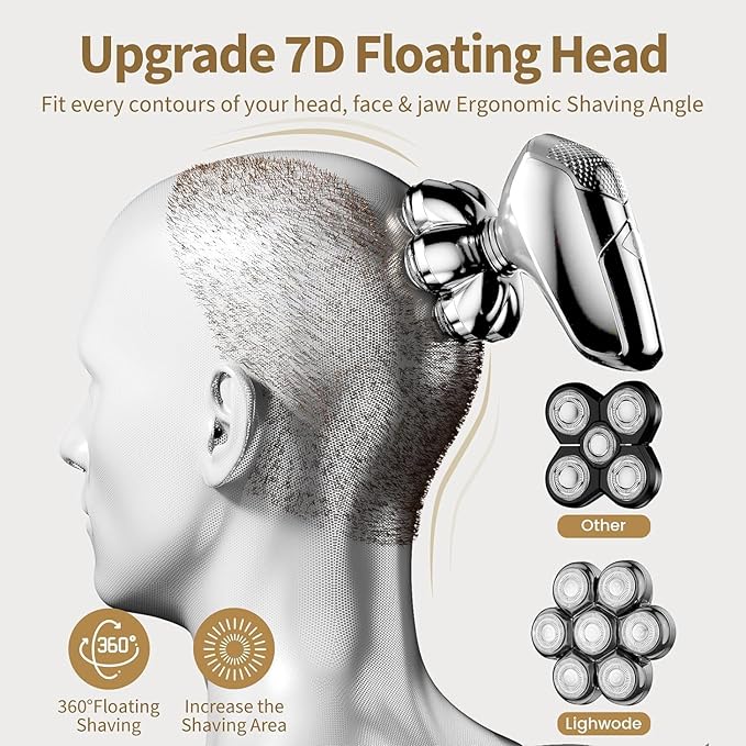 Detachable Head Shavers, SHPAVVER 5 in 1 Electric Razor IPX7 Waterproof for Bald Men, Wet Dry LED Display Rechargeable 7D Rotary Shaver Grooming Kit with Type C Charge A,Bright Silver-Velvo Beauty