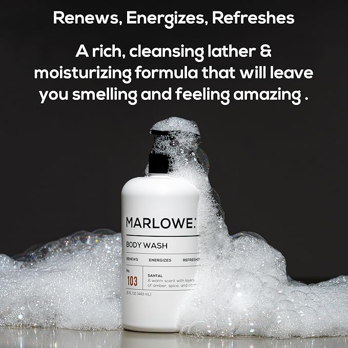 MARLOWE. No. 103 Body Wash 15 oz Pump, Santal, Energizing & Refreshing Shower Gel, Willow Bark & Green Tea Extracts, Cleanses, Moisturizes, Smooths & Nourishes, Warm Amber, Spice & Citron Scent-Velvo Beauty