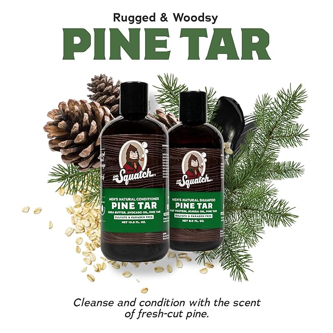 Dr. Squatch Natural Hair Bundle for Men - Healthy, Full Looking Hair - Pine Tar Shampoo (8 fl oz), Pine Tar Conditioner (11.5 fl oz)-Velvo Beauty