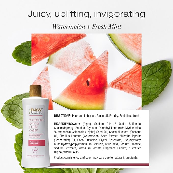 RAW SUGAR Moisture Loving Body Wash - Watermelon + Fresh Mint, Moisturizing & Refreshing Bath & Shower Gel, Sulfate-Free, Paraben-Free & Vegan (Pack of 3)-Velvo Beauty