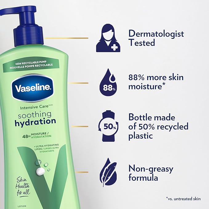 Vaseline Intensive Care Body Lotion for Dry Skin Soothing Hydration Lotion Made with Ultra-Hydrating Lipids + 1% Aloe Vera Extract to Refresh Dehydrated Skin 20.3 oz, Pack of 3 (packaging May Vary)-Velvo Beauty