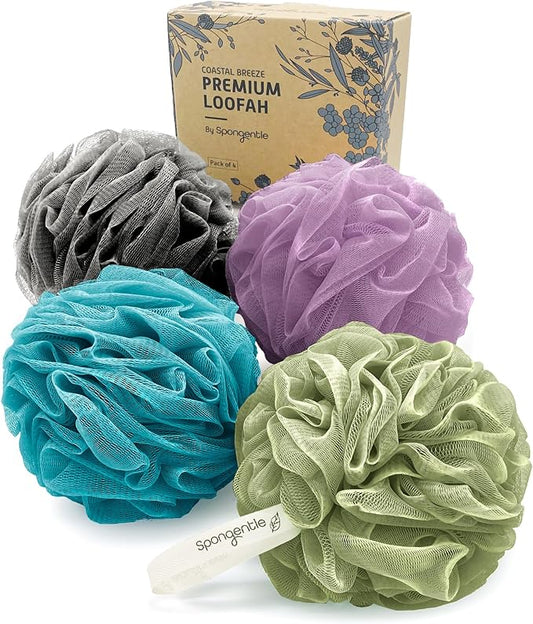Spongentle Premium Deep Cleansing Loofah Sponge for Radiant Skin, Pack of 4, Bath and Shower, Exfoliating Body Scrubber, Beautiful Colors for Women and Men-Velvo Beauty