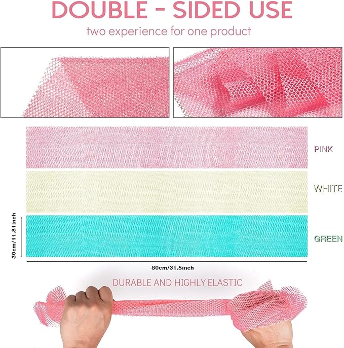 UJFQBH 3 Pieces African Net Sponge, African exfoliating net African Net Long Net Bath Sponge Exfoliating Shower Body Scrubber Back Scrubber Skin Smoother(Pink, Green, Off-White)-Velvo Beauty