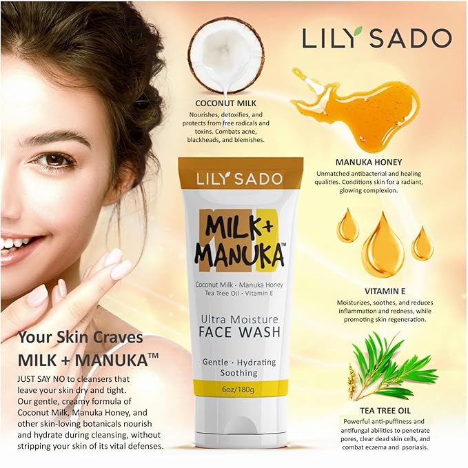 LILY SADO MILK+MANUKA™ Coconut Milk & Manuka Honey Cream Face Cleanser – Natural Ultra Moisturizing Facial Wash Cleanses, Balances, Soothes & Hydrates - Large 6oz-Velvo Beauty