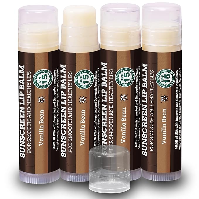 SPF Lip Balm 4-Pack by Earth's Daughter - Lip Sunscreen, SPF 15, Organic Ingredients, Vanilla Flavor, Beeswax, Coconut Oil, Vitamin E - Hypoallergenic, Paraben Free, Gluten Free-Velvo Beauty