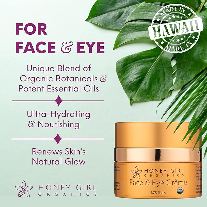 Honey Girl Organics Face & Eye Crème, USDA Certified Organic Facial Moisturizer & Under Eye Cream for Wrinkles, Dark Circles and Puffiness w/Hydrating Honey, Beeswax, Essential Oils & EVOO. 1.75oz-Velvo Beauty