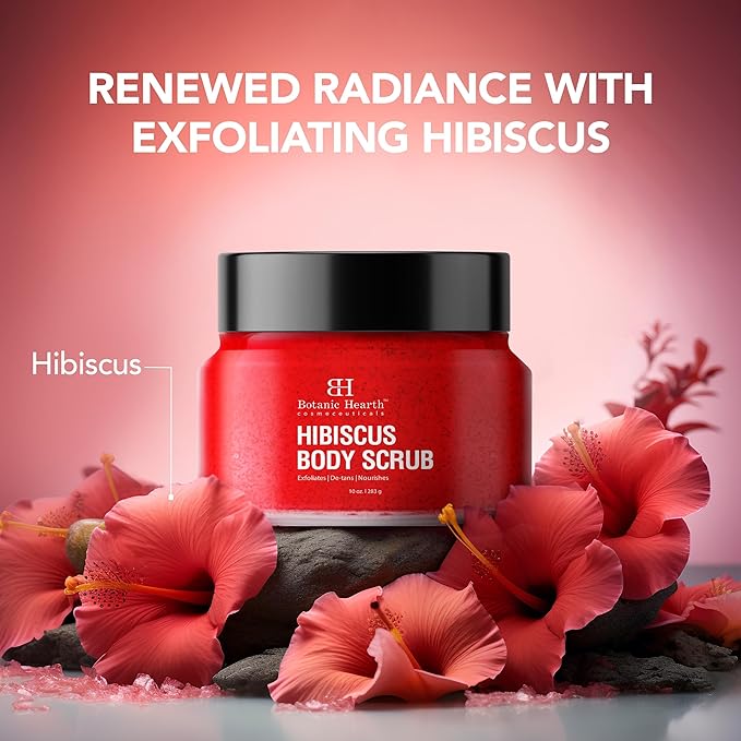 Botanic Hearth Hibiscus Body Scrub Exfoliator | Hydrating Raw Sugar Scrub | Natural Body Scrub For Skin Care, Stretch Marks, Acne & Cellulite, Eczema, Age Spots & Varicose Veins | 10 Oz-Velvo Beauty