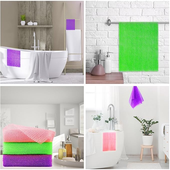 UJFQBH 3 Pieces African Bath Sponge African Net Long Net Bath Sponge Exfoliating Shower Body Scrubber Back Scrubber Skin Smoother,Great for Daily Use (Purple, Pink,Green)-Velvo Beauty