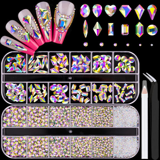 2680Pcs AB Glass Nail Rhinestones 120Pcs Multi Shapes Flatback Nail Gems + 2560Pcs 1.5-4mm Round Crystal, Manicure Nail Charms Diamond Gemstones for Acrylic Nails Decoration-Velvo Beauty