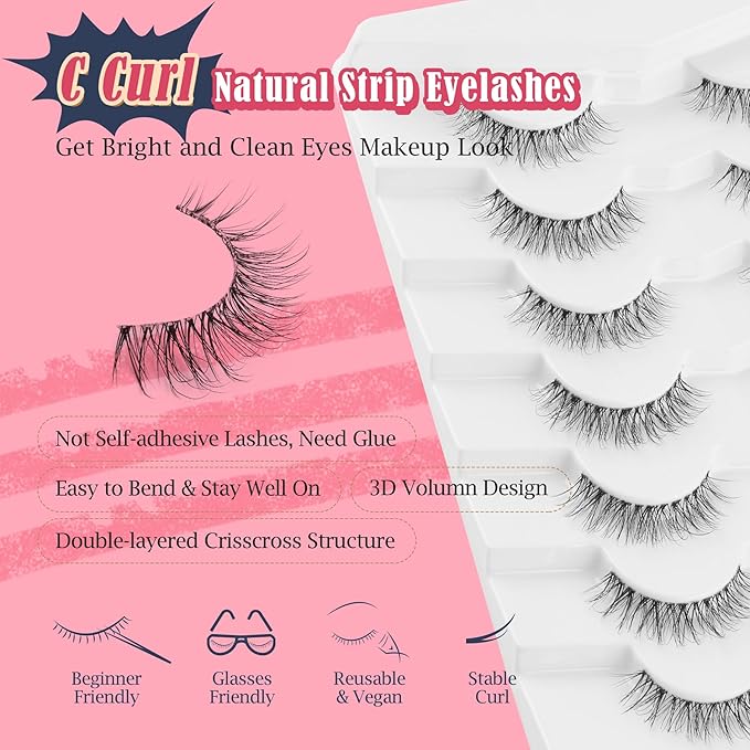 Natural Lashes False Eyelashes 12 MM Short Lashes WIspy 3D Volume Fake Eyelashes Pack C Curl Soft Eye Lash with Thin Cotton Band 7 Pair False Lashes Siligli-Velvo Beauty