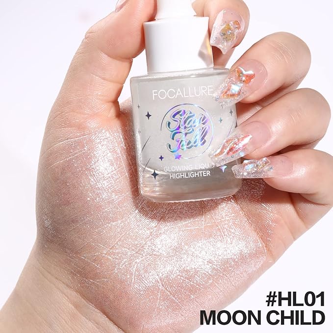 FOCALLURE Starfall Glowing Liquid Highlighter, Shimmering Body Oil, Non-Sticky Shimmer Liquid Luminizer, Non-Greasy, Face & Body Glitter Makeup for Costumes, Cosplay, Rave Festival, MOON CHILD-Velvo Beauty