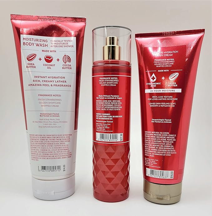 Bath & Body Works - Strawberry Pound Cake - Bundle -3 items - Moisturizing Body Wash, Ultimate Hydration Body Cream and Fine Fragrance Mist - Spring 2022-Velvo Beauty