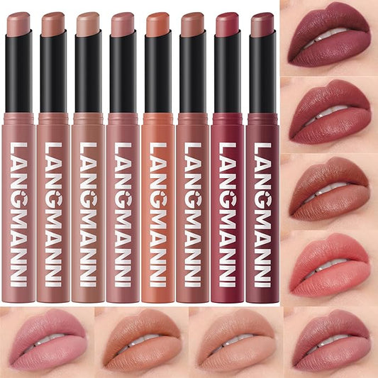 Jolilab 8Pcs Velvet Matte Lipstick Nude Matte Soft Dark Color Stick High Pigmented Long-Lasting Waterproof Lip Stick Lip Balm Beauty Cosmetics Gift for Girls and Women(01-06+11+12-Velvo Beauty