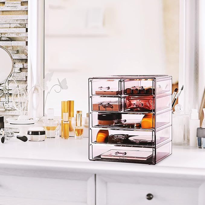 Sorbus Acrylic Makeup Organizer - Organization and Storage Case for Cosmetics Make Up & Jewelry - Big Clear Makeup Organizer for Vanity, Bathroom, College Dorm, Closet, Desk (3 Large, 4 Small Drawers)-Velvo Beauty
