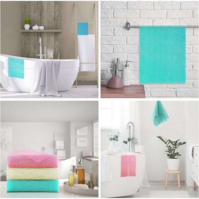 UJFQBH 3 Pieces African Net Sponge, African exfoliating net African Net Long Net Bath Sponge Exfoliating Shower Body Scrubber Back Scrubber Skin Smoother(Pink, Green, Off-White)-Velvo Beauty