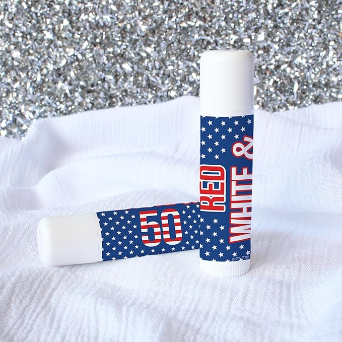 Red White and Blue 50th Birthday Party Favor Lip Balm Labels - 36 Count, Patriotic Birthday Party Supplies-Velvo Beauty