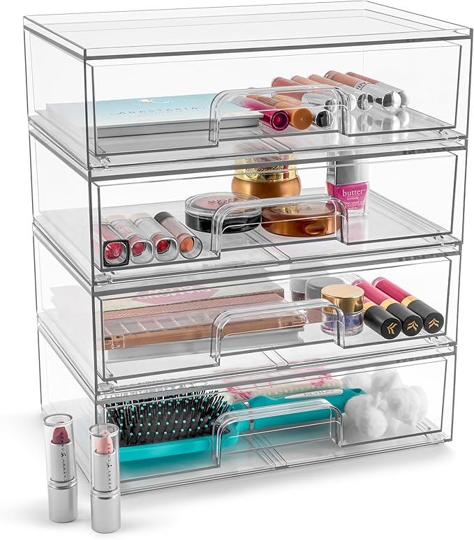 Sorbus Acrylic Storage Containers - 4 Pack, Stackable Storage Bins Set for Bathroom Organization - Clear Acrylic Drawer Organizers - Makeup Case Pull-Out Drawers (12.1’’ Wide)-Velvo Beauty