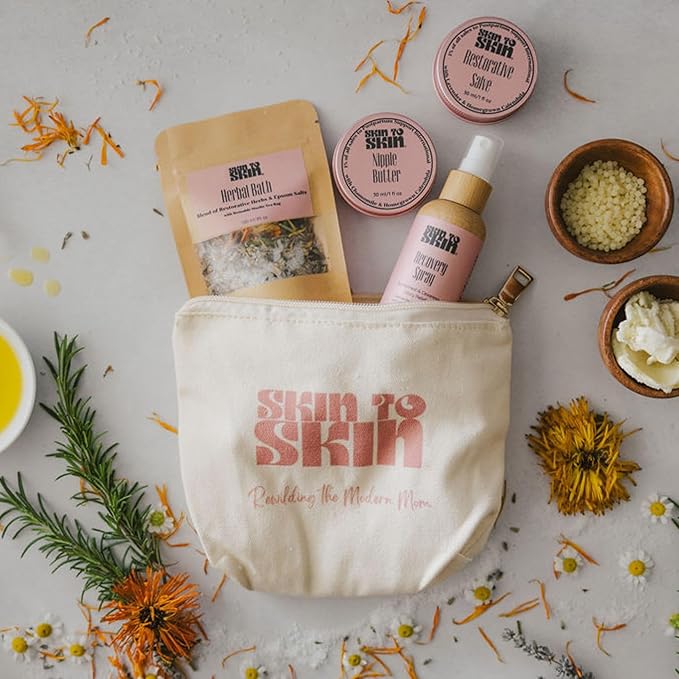 Skin to Skin Postpartum Kit-4 Piece Set in Cosmetic Bag - Postpartum Recovery - Includes: Herbal Bath, Recovery Spray, Restorative Salve, and Nipple Butter - Postpartum Care Kit - After Birth Care Kit-Velvo Beauty