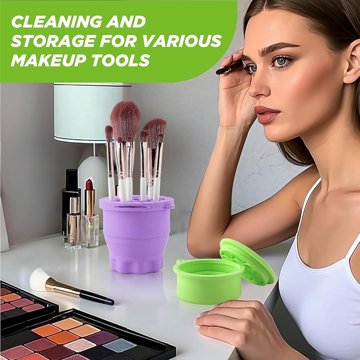 Makeup Brush Cleaner - Foldable Silicone Makeup Brush Cleaner Mat with Brush Storage Holder Makeup Brush Cleaning Bowl Cosmetic Brush Washing Tool for Cleaning Organizer and Drying (Purple and Green)-Velvo Beauty