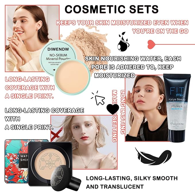 Mushroom Head Air Cushion CC Cream Full Coverage Liquid Foundation Set,Oil Control Concealer Lasting Moisturizing BB Cream,Loose Setting Face Powder Moisturizer Base Primer Makeup with Makeup Sponge-Velvo Beauty