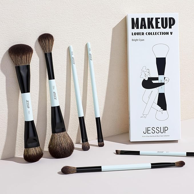 Jessup Makeup Brush Set 6pcs Double Sided Makeup Brushes Foundation Contour Blush Highlight Blending Eyebrow Brush Eyeshadow Brush, Vegan Fiber Make up Brush Bright Cyan T501-Velvo Beauty