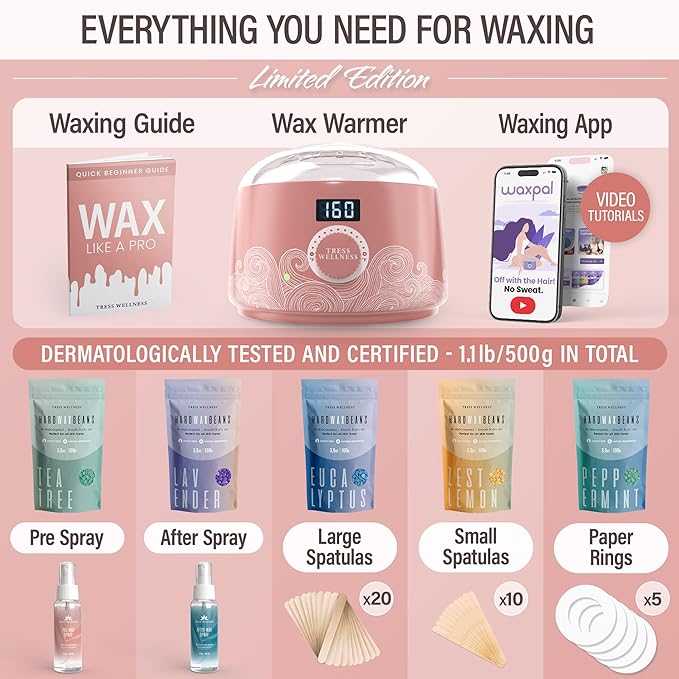 Tress Wellness Waxing Kit for Sensitive Skin – Safe for Face & Skin, Prep & Aftercare Spray, Easy to Use – At-Home Kit for Face, Bikini, Brazilian & Full Body - Digital Display, Dusty Pink Air-Velvo Beauty