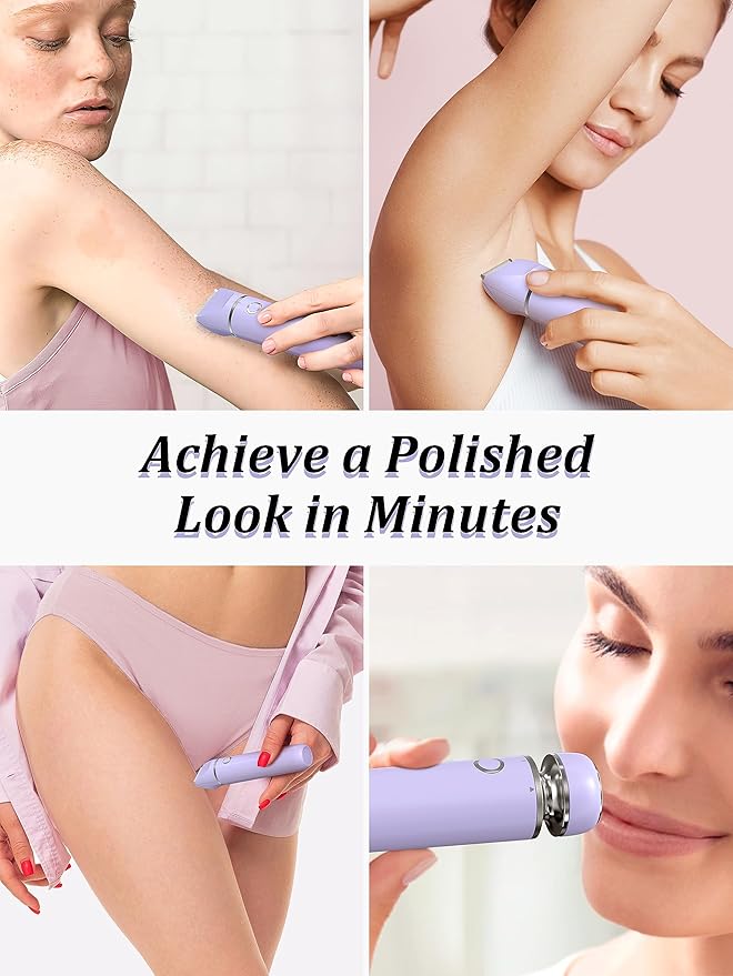 Bikini Trimmer and Shaver Kit for Women - 2-in-1 Wet/Dry Electric Body Hair Trimmer Facial Hair Removal Cordless Waterproof Bikini Shaver Razor for Face Lip Chin Pubic Underarm Legs (Purple)-Velvo Beauty