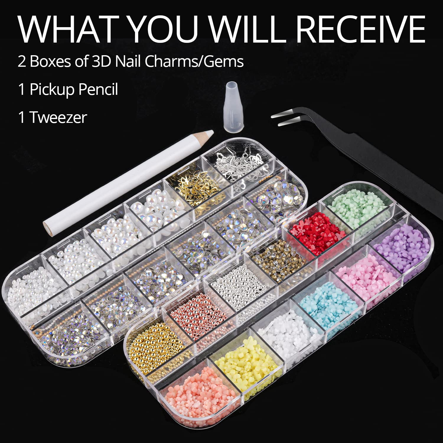 Mixed 3D Nail Art Gem Decoration Accessories Kit #10, Butterfly Starry AB Rhinestone Charm Jewelry for Deco, Pearl Flower Caviar Bead Stone Crystal with Pickup Pencil and Tweezer-Velvo Beauty