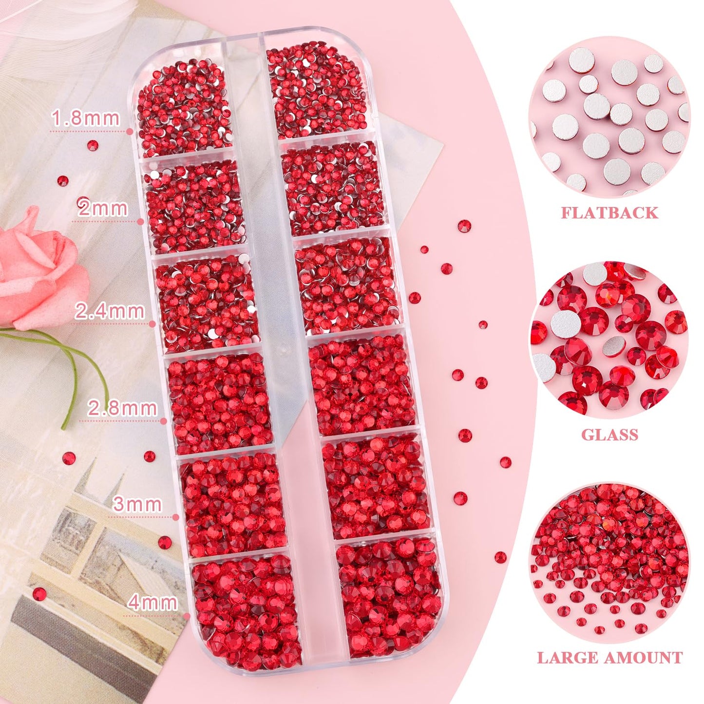 3600pcs Glass Red Nail Rhinestones 6 Sizes(1.8/2/2.4/2.8/3/4mm) Flatback Crystal Nail Charms Jewels Decoration for Nail Art and Crafting, Tweezer and Pickup Pen included-Velvo Beauty