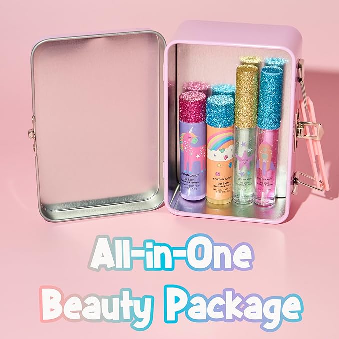 Expressions 5pc Rainbow Rhinestones Cosmetics Lip Kit For Kids w/Lip Glosses, Lip Balms & Tin Box Storage Case Magical Lip Set,Washable + Non Toxic-Velvo Beauty