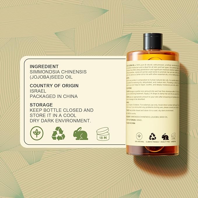 Yoken Pure Jojoba Oil Organic USDA Certified 16 fl oz, 100% Natural Jojoba Oil for Hair, Skin & Face, Cold Pressed Unrefined, Deeply Moisturizing Body Carrier Oils for Essential Oils Mixing-Velvo Beauty