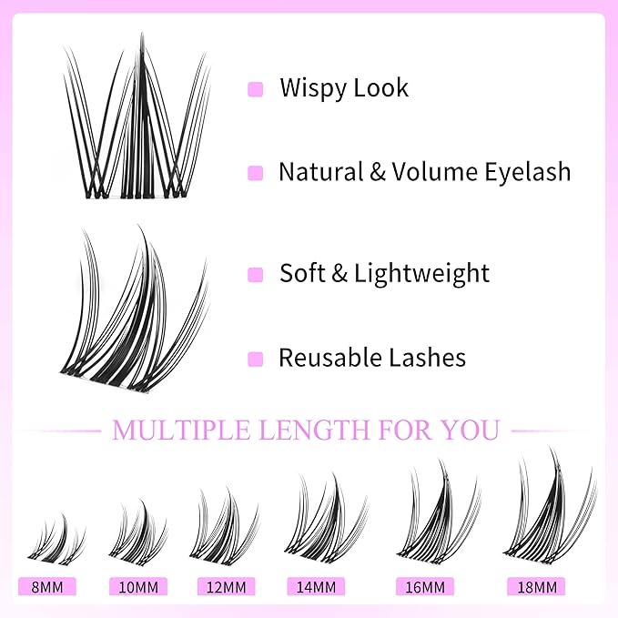 VEYESBEAUTY Lash Clusters Eyelash Extensions Thin & Invisible Band DIY Individual False Eyelashes Newbie's Five-Second Series Wispy Lash Tray for Self-application, Manga Lashes 8-18mm Mixed Length-Velvo Beauty