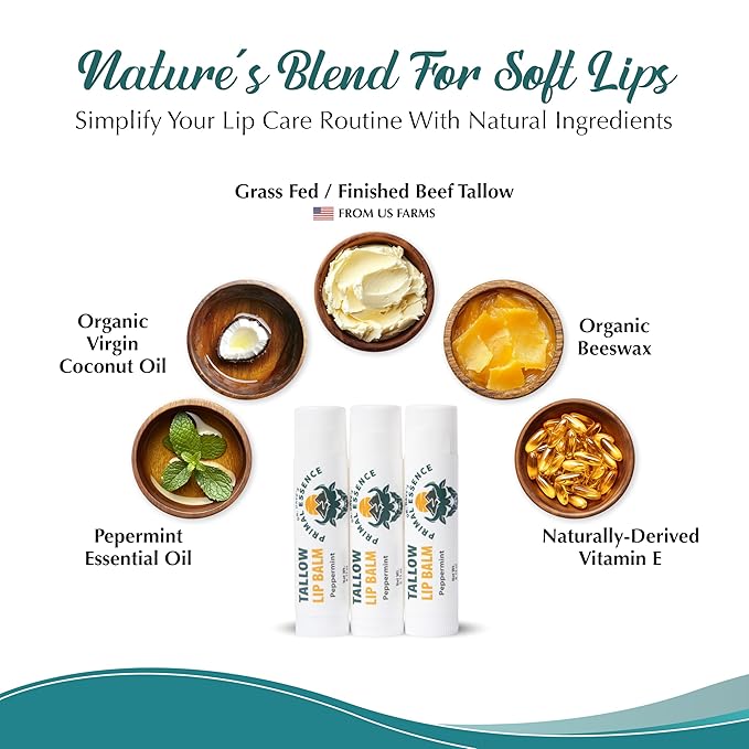 Moisturizing Tallow Lip Balm – Grass-Fed Beef Tallow with Organic Coconut Oil, Beeswax, and Vitamin E – Peppermint – Lip Balm Set – Travel Essential – 3-Pack-Velvo Beauty