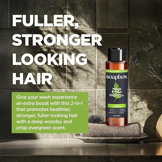 Soapbox Men's Thick and Full 2 in 1 Shampoo and Conditioner Men, Natural Mens Shampoo and Conditioner, Oak & Cedar Leaf, 16oz-Velvo Beauty