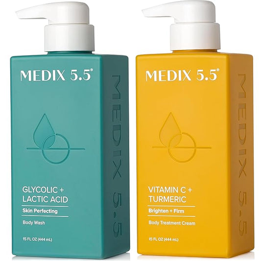 MEDIX 5.5 Exfoliating AHA Glycolic Acid Face & Body Scrub Cleanser + Vitamin C Moisturizing Body Cream Lotion Skin Care 2PC Set | Alpha Hydroxy Acid & Lactic Acid Foaming Body Wash & Face Wash, 2-PC-Velvo Beauty