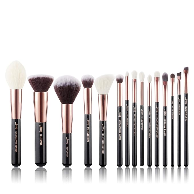 Jessup Makeup Brushes, Labeled Makeup Brush Set Premium Synthetic and Natural Hair Foundation Powder Concealer Eyeshadow Blending 15pcs Brush Kit, Rose Gold/Black T160-Velvo Beauty