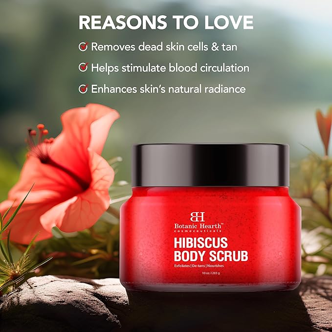 Botanic Hearth Hibiscus Body Scrub Exfoliator | Hydrating Raw Sugar Scrub | Natural Body Scrub For Skin Care, Stretch Marks, Acne & Cellulite, Eczema, Age Spots & Varicose Veins | 10 Oz-Velvo Beauty