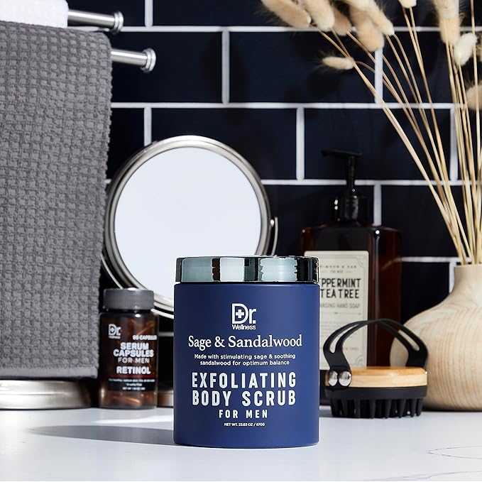 Dr. Wellness Body Scrub for Men- Ultimate Exfoliating Scrub Infused with Sage & Sandalwood, Men’s Body Wash in Jar with Twist Top, 23 oz, For All Skin Types-Velvo Beauty