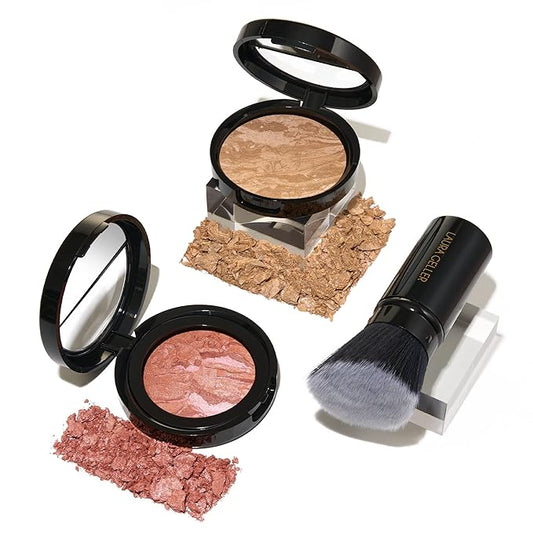 Blush-n-Glow Kit (3 PC): LAURA GELLER NEW YORK Baked Balance-N-Glow Illuminating CC Powder Foundation Golden Medium, Retractable Kabuki Brush, Baked Blush-N-Brighten Pink Grapefruit-Velvo Beauty