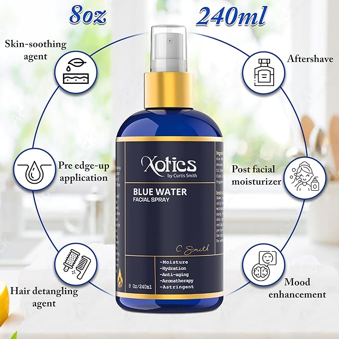 Xotics Blue Water Facial Spray - 8oz - Hydrating Face Mist with Aloe Vera - Refreshing Toner for Men & Women, Aftershave, Daily Moisturizing Splash for All Skin Types-Velvo Beauty