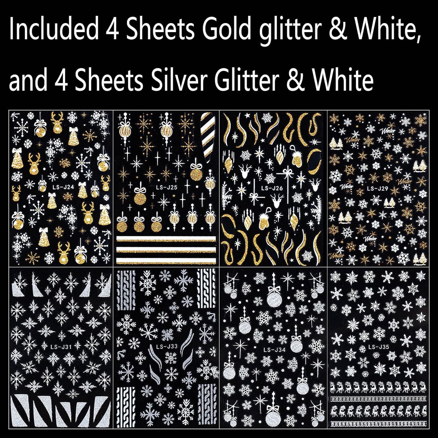 8 Sheets Christmas Glitter Nail Art Stickers Decals Self-Adhesive Pegatinas Uñas Holiday Gold Silver Reindeer Line Snowflake Nail Supplies Nail Art Design Decoration Accessories-Velvo Beauty