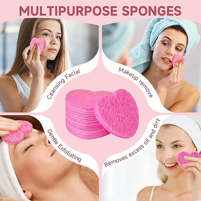 100 Count Compressed Pink Facial Sponges | 100% Natural Cellulose Eco-Friendly Makeup Sponges for Gentle Cleansing, Exfoliating & Stubborn Makeup Removal | Travel & Home Beauty Essentials for Women-Velvo Beauty